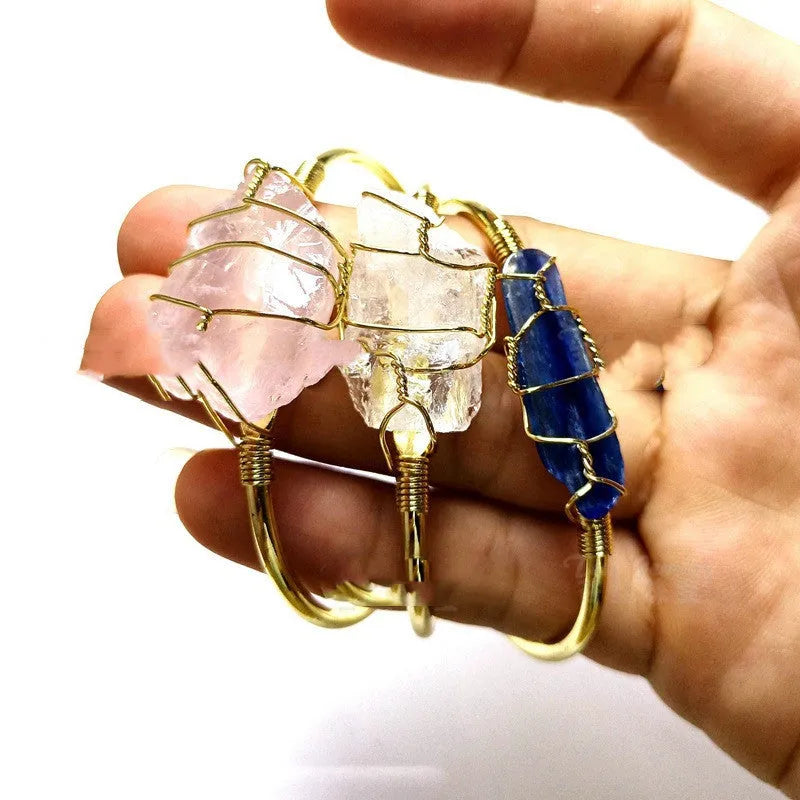 Natural crystal rough stone bracelet with geometric gold winding bohemian design