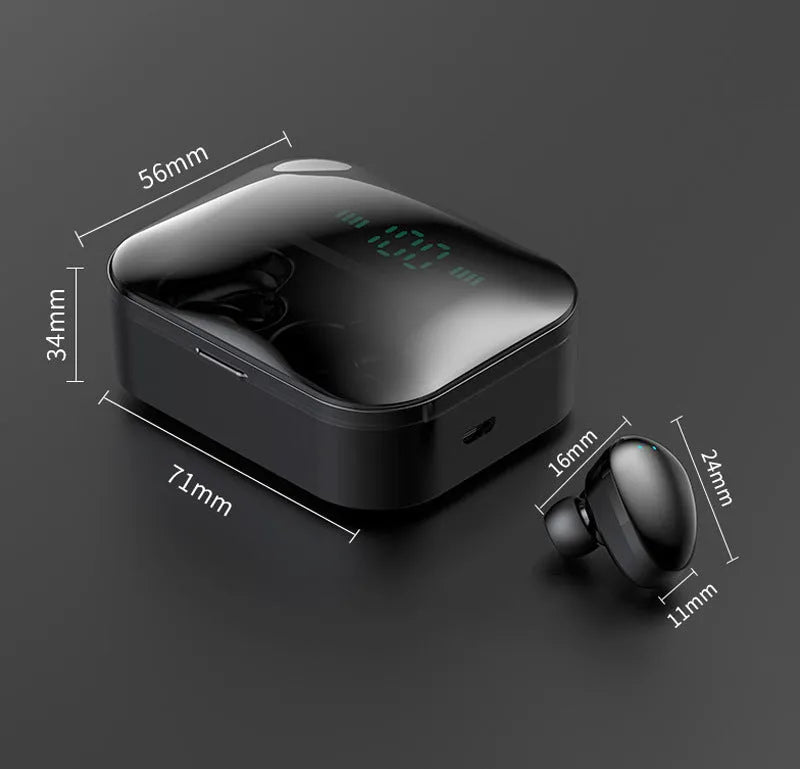 X7LED black wireless Bluetooth sports earbuds with charging case showing LED display