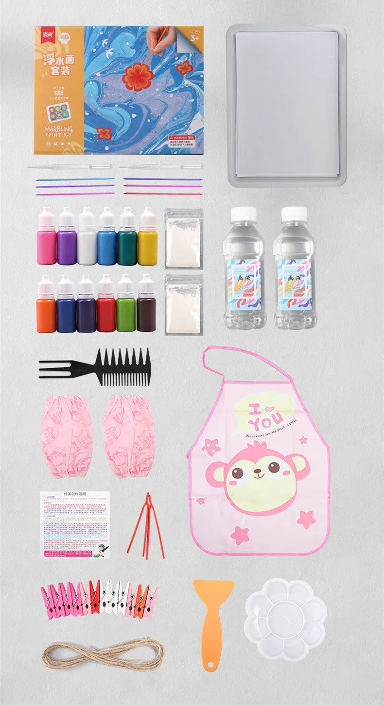 Hand painted floating painting educational kit with gouache liquid, pigment bottles, drawing paper, and stirring rods
