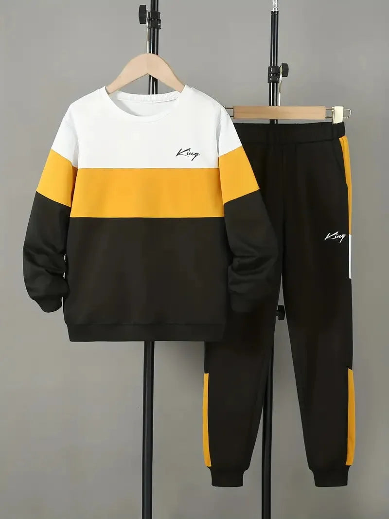 Design Sense boys cotton blend pullover hoodie and jogger trousers two-piece set in multicolour options
