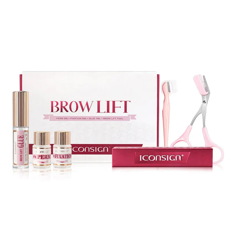 Pink eyebrow perm kit with keratin treatment solution and quick ironing tools in suit packaging