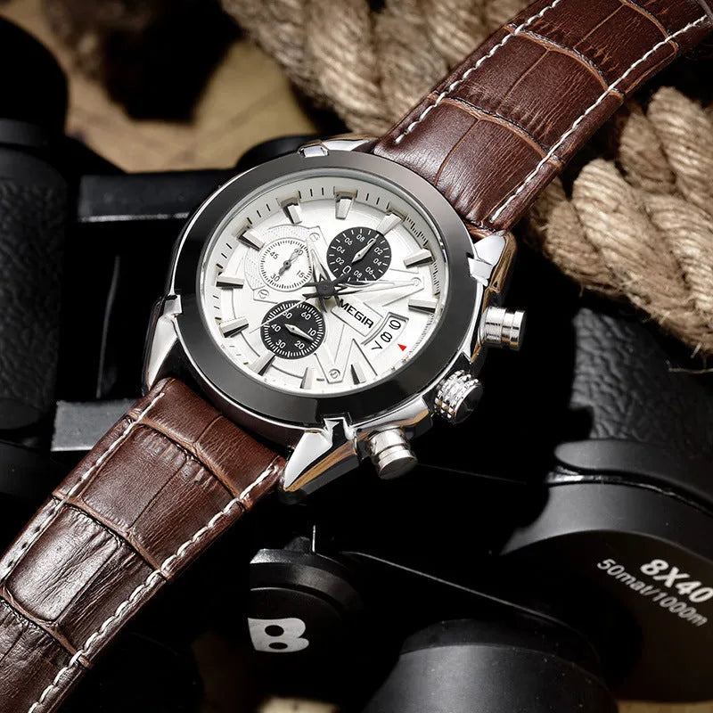 Men's brown and white surface quartz chronograph watch with luminous hands and waterproof case.