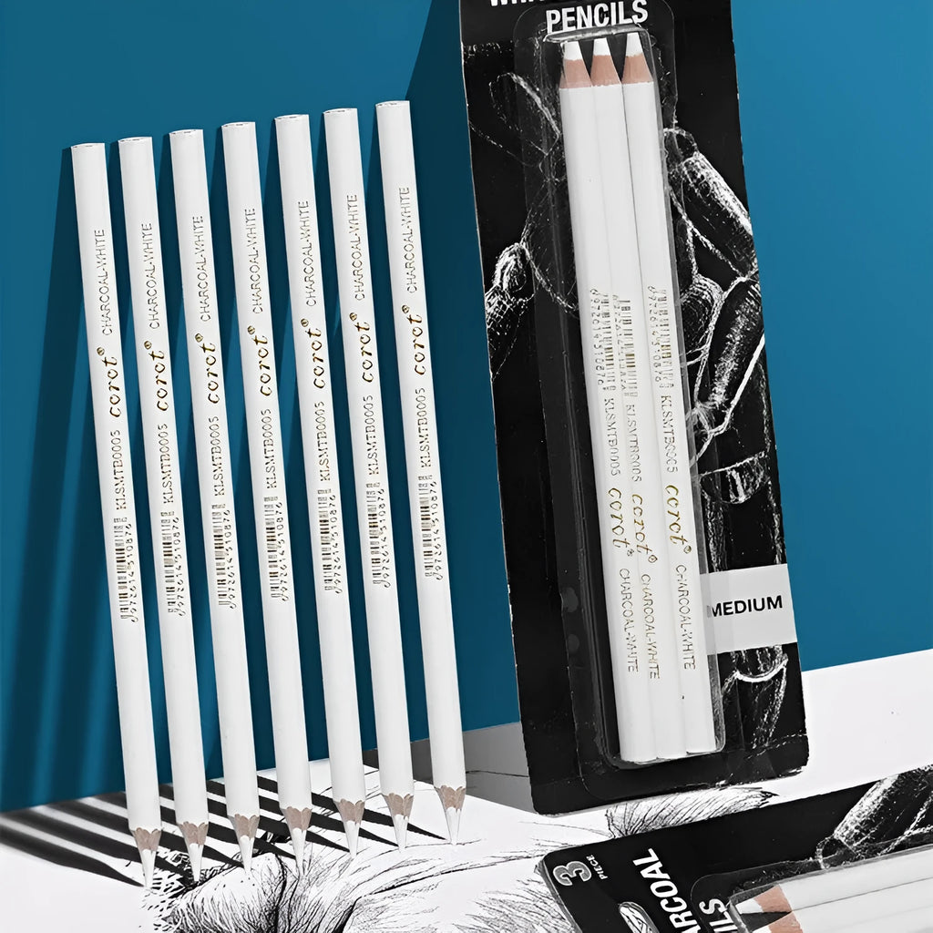 Three white charcoal drawing pencils for sketching and highlighting artwork.