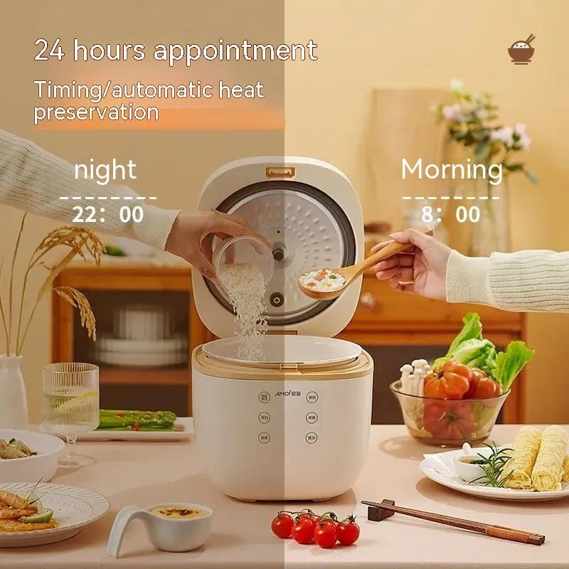 White or beige 3-litre rice cooker with black inner pot and included accessories