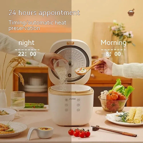 White or beige 3-litre rice cooker with black inner pot and included accessories