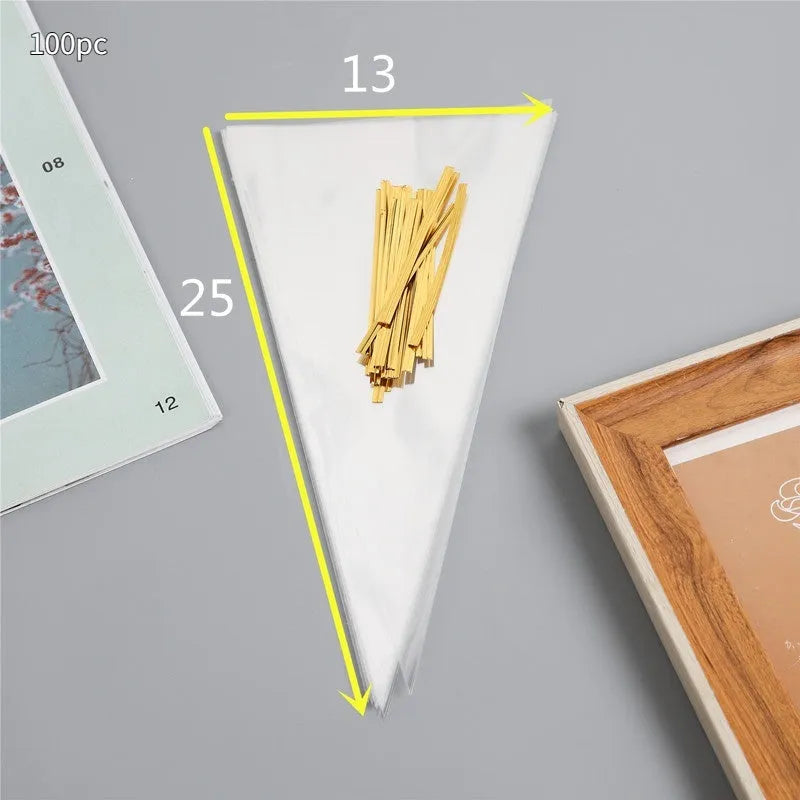 Triangle-shaped clear OPP plastic packaging bags with tie wire closures for holiday gifts