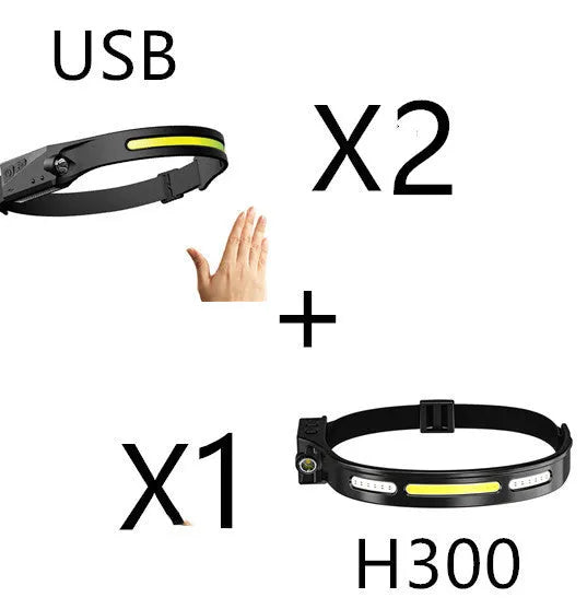 Black USB rechargeable headlamp with a wide COB LED lens and a side wave sensor on the headband.