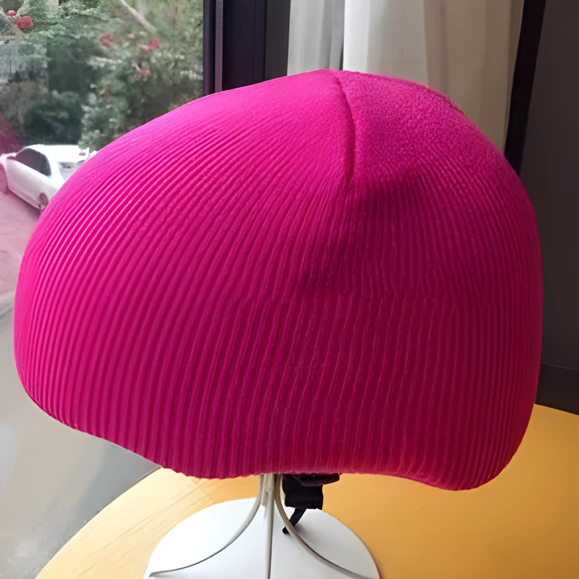 L-size ski helmet decorative cover in multiple colours including fluorescent green and rose pink, stretched over a helmet.