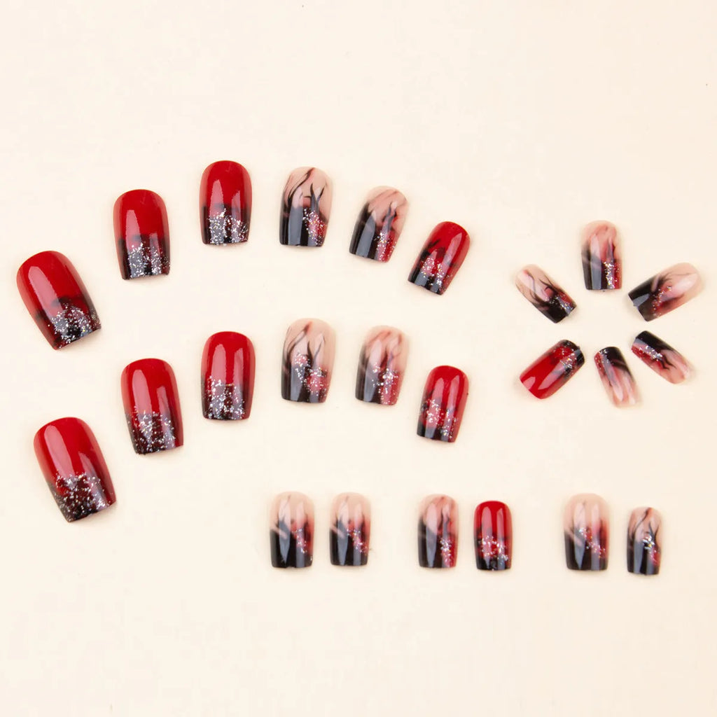 Colorful flame fire pattern fake nail patch set in long European square shape with jelly glue and rubbing strips