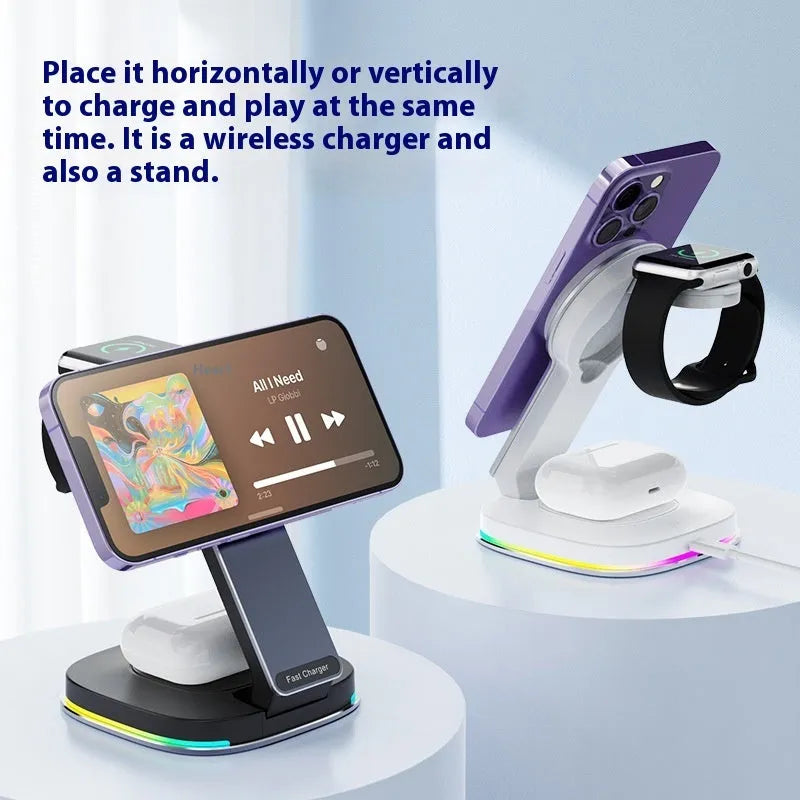 15W three-in-one wireless charger stand for phone, earbuds and watch in black aluminium finish