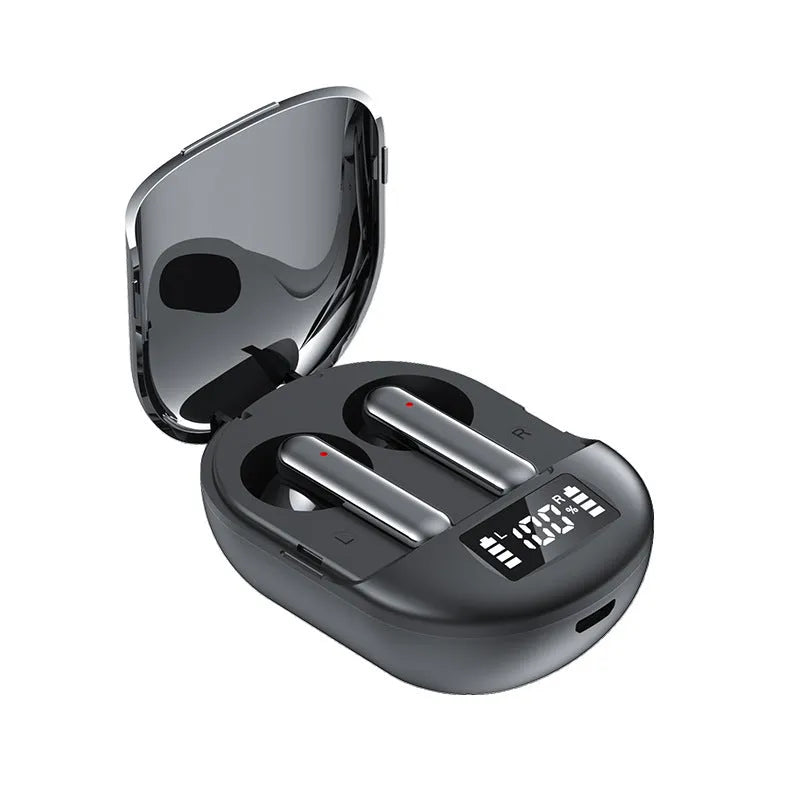 Black and white wireless Bluetooth in-ear headphones with a charging bin showing digital display.