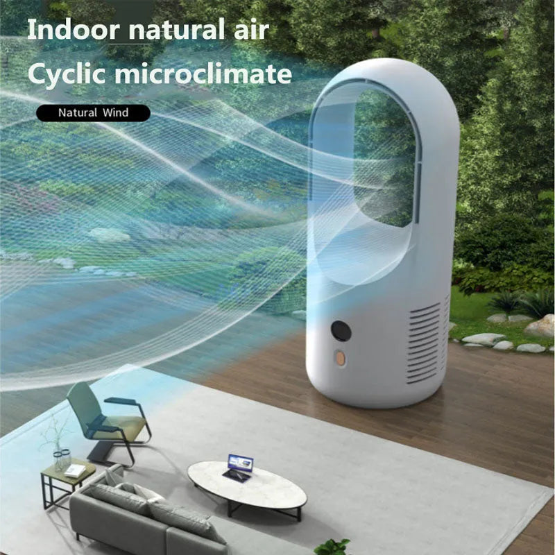 USB rechargeable bladeless desktop fan X28 with LED display showing silent portable cooling