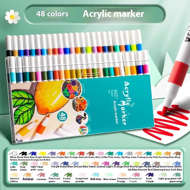 Boxed set of multicolour acrylic marker pens for student painting projects with plastic barrels
