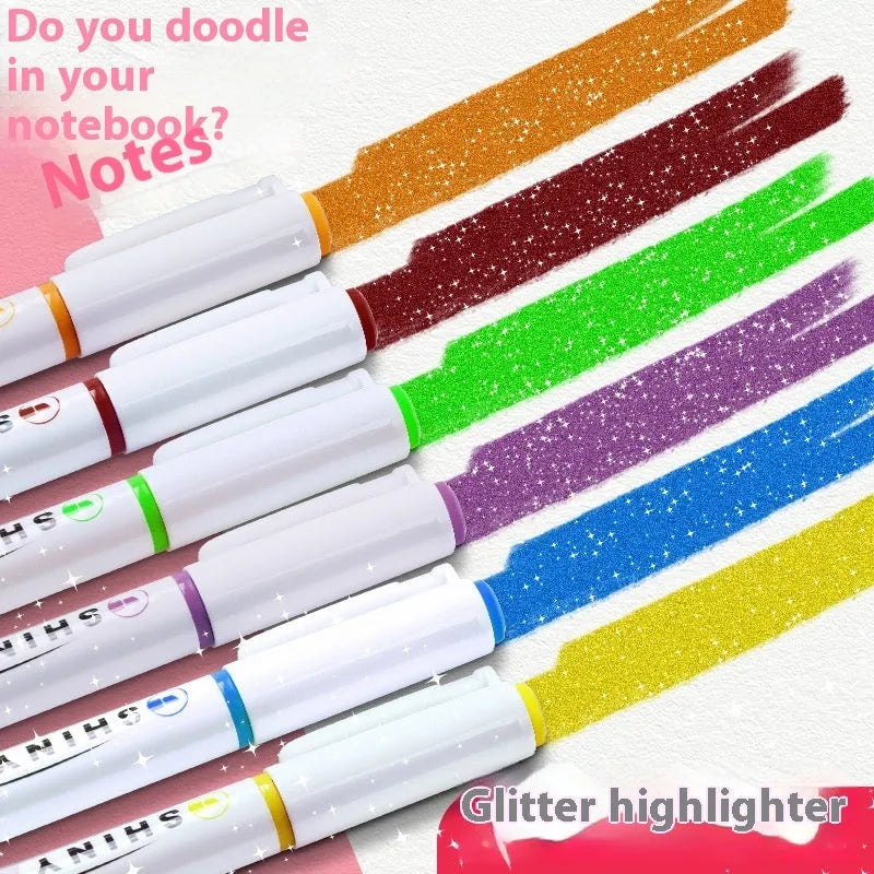 Set of four glitter highlighter pens in various colours showing slanted 4mm tips.