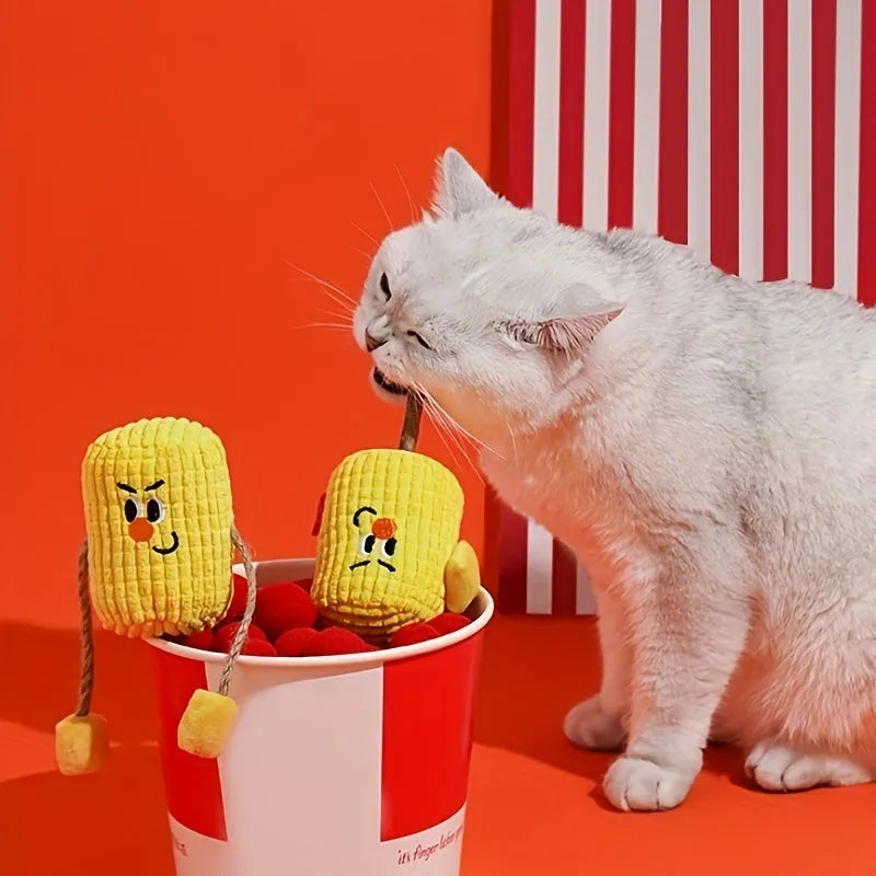 Natural wood corn cob shaped cat chew toy for dental health, measuring 15cm long with textured surface