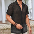 Men's solid colour mesh short sleeve shirt with lapel, shown in beige, black, and white.