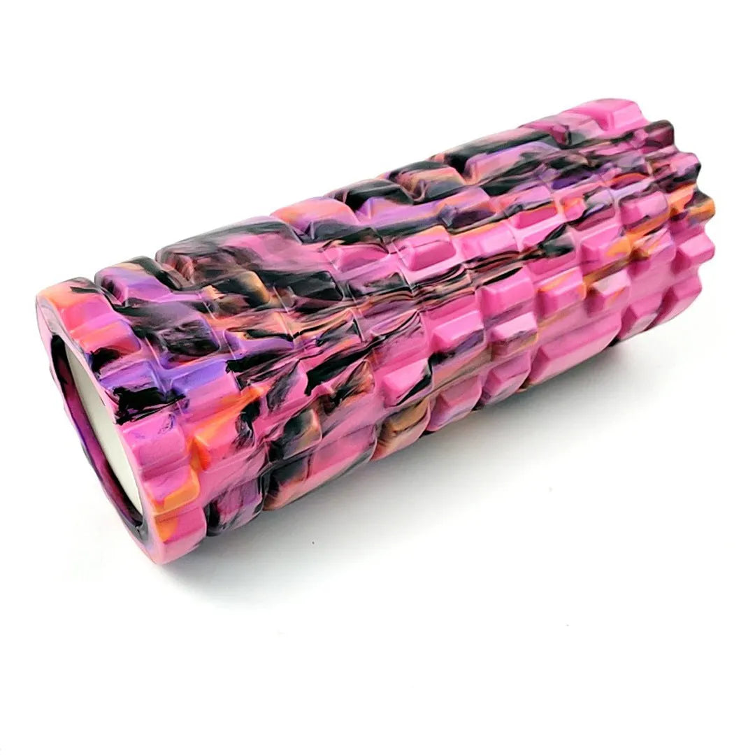 33cm camouflage pattern EVA foam roller in blue green yellow colour on a fitness mat.