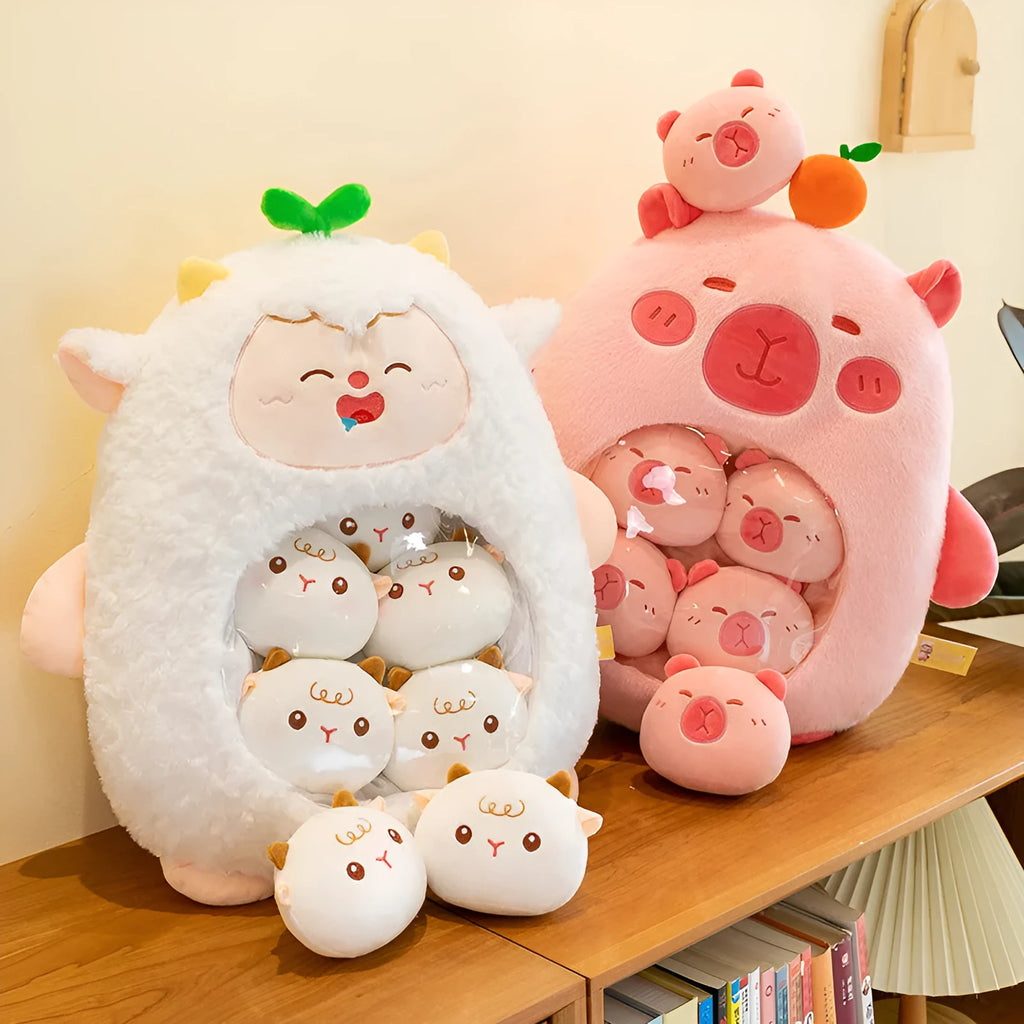 45cm cartoon snack bag plush toy in white lamb colour on a sofa