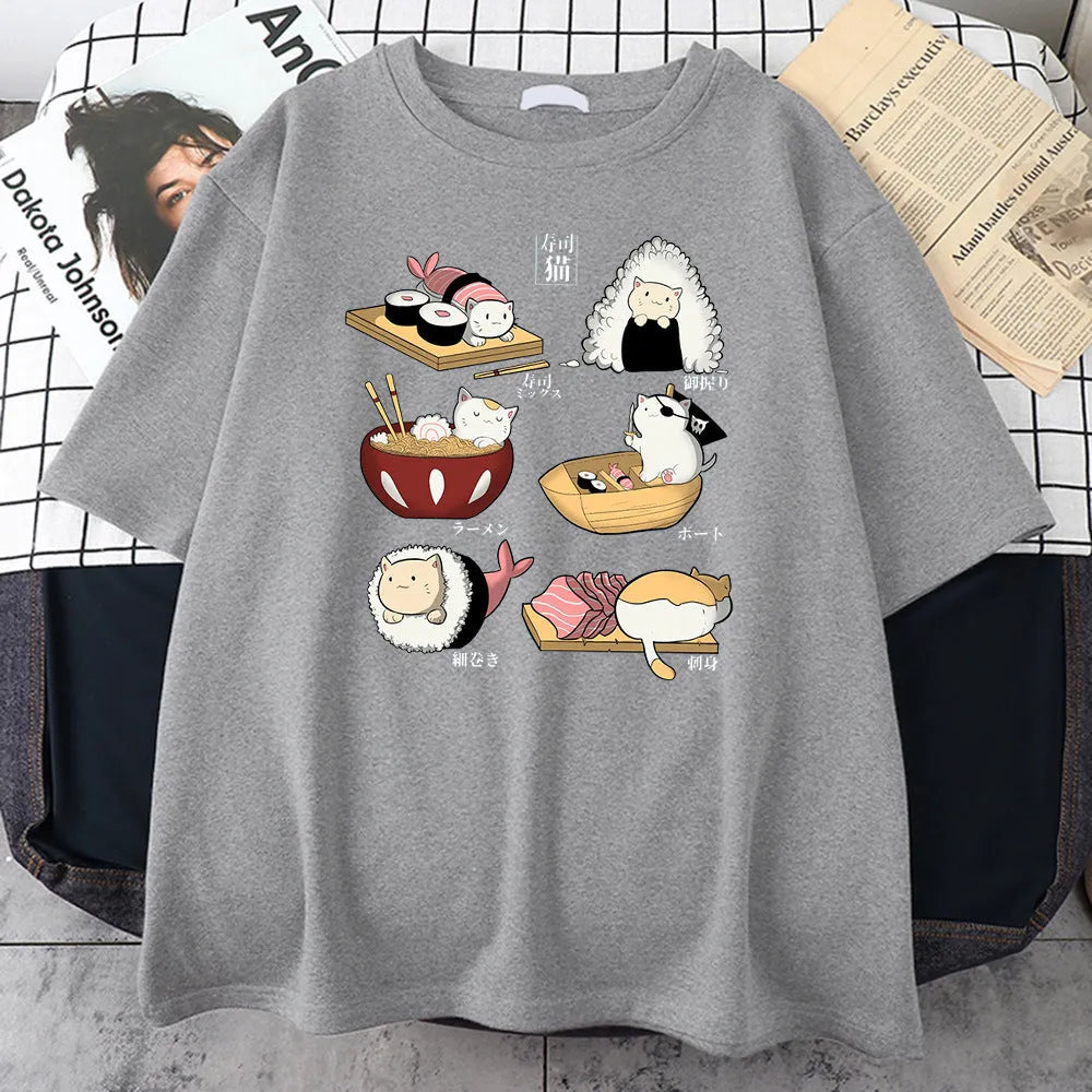 Men's cat sushi cartoon print cotton T-shirt in multiple colour options