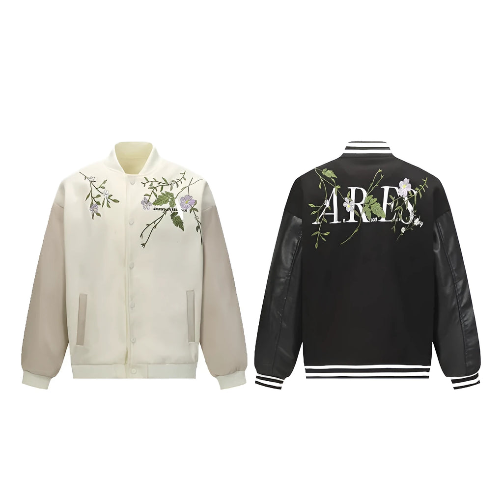 Men's American retro solid colour polyester coat with plant flower embroidery, loose fit, side seam pockets, available in black and apricot
