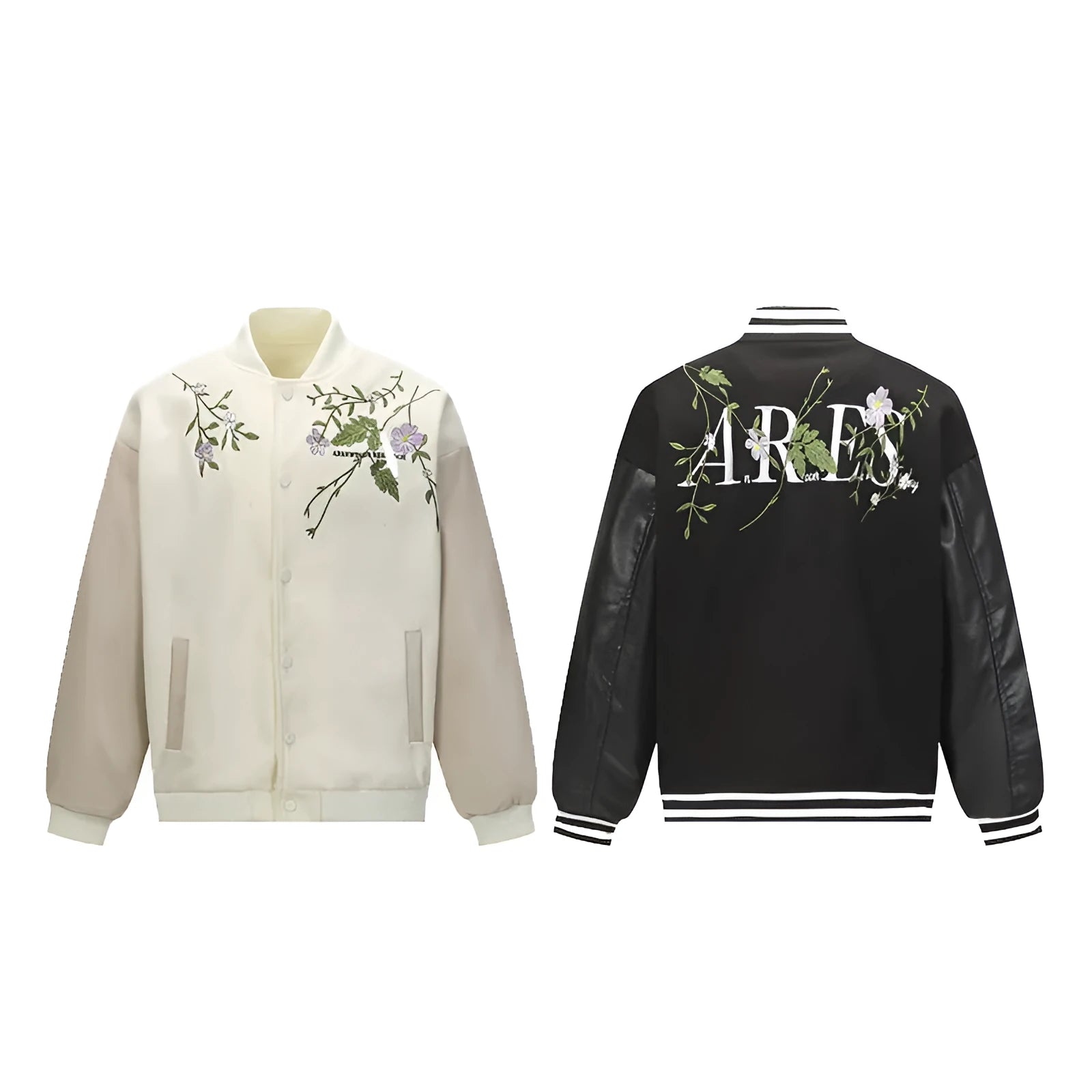 Men's American retro solid colour polyester coat with plant flower embroidery, loose fit, side seam pockets, available in black and apricot