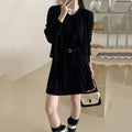 Grey knitted women's two-piece set with vest skirt, long-sleeved cardigan and pleated detail