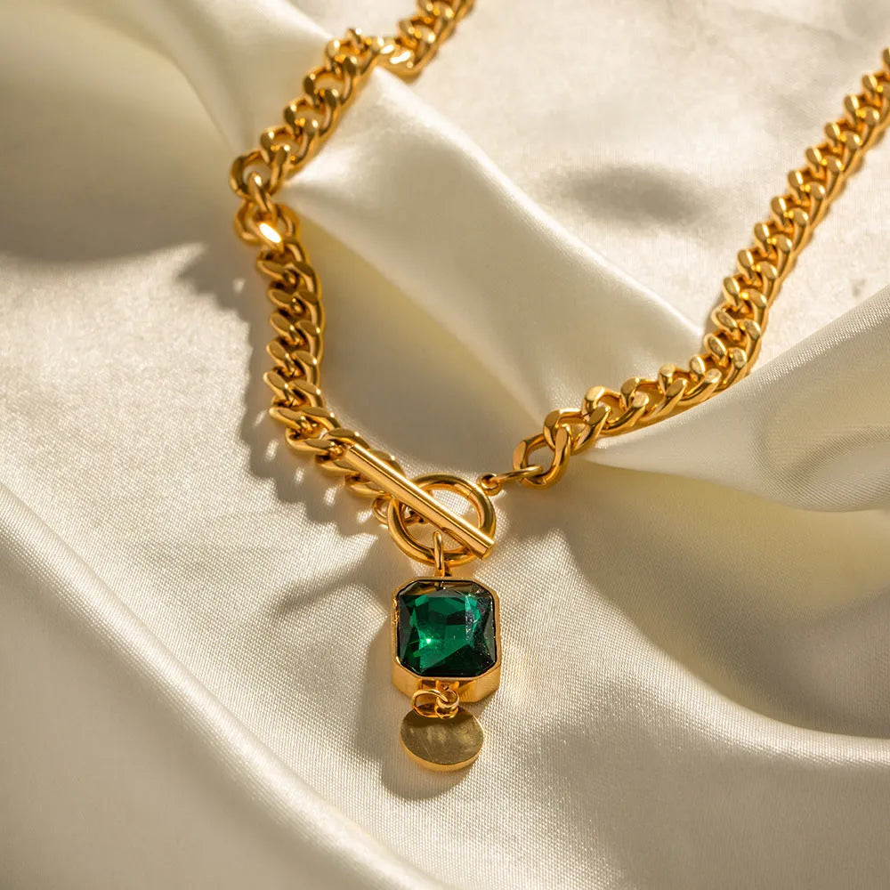Gold titanium steel necklace with emerald zircon pendant and Cuban link chain