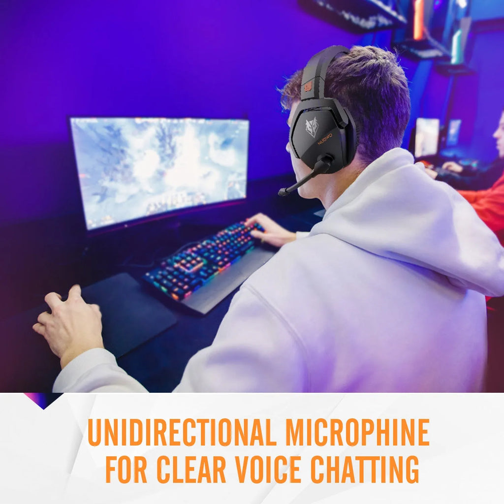 Black and orange wireless gaming headset with dual Bluetooth and 2.4G connectivity showing ear cushions and microphone.