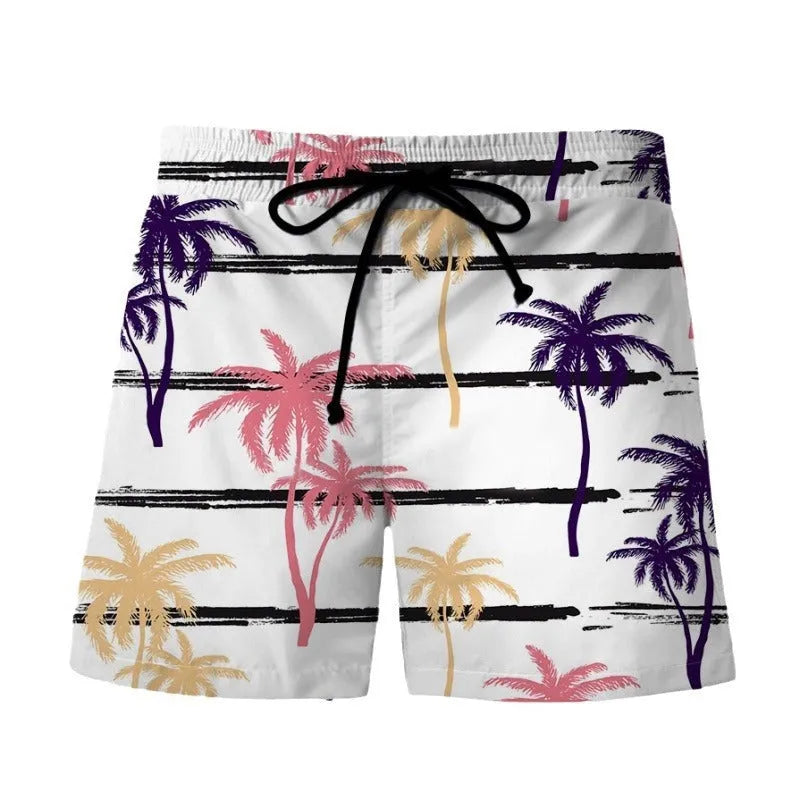 Men's 3D digital print Hawaiian-style beach shorts in polyester, front view
