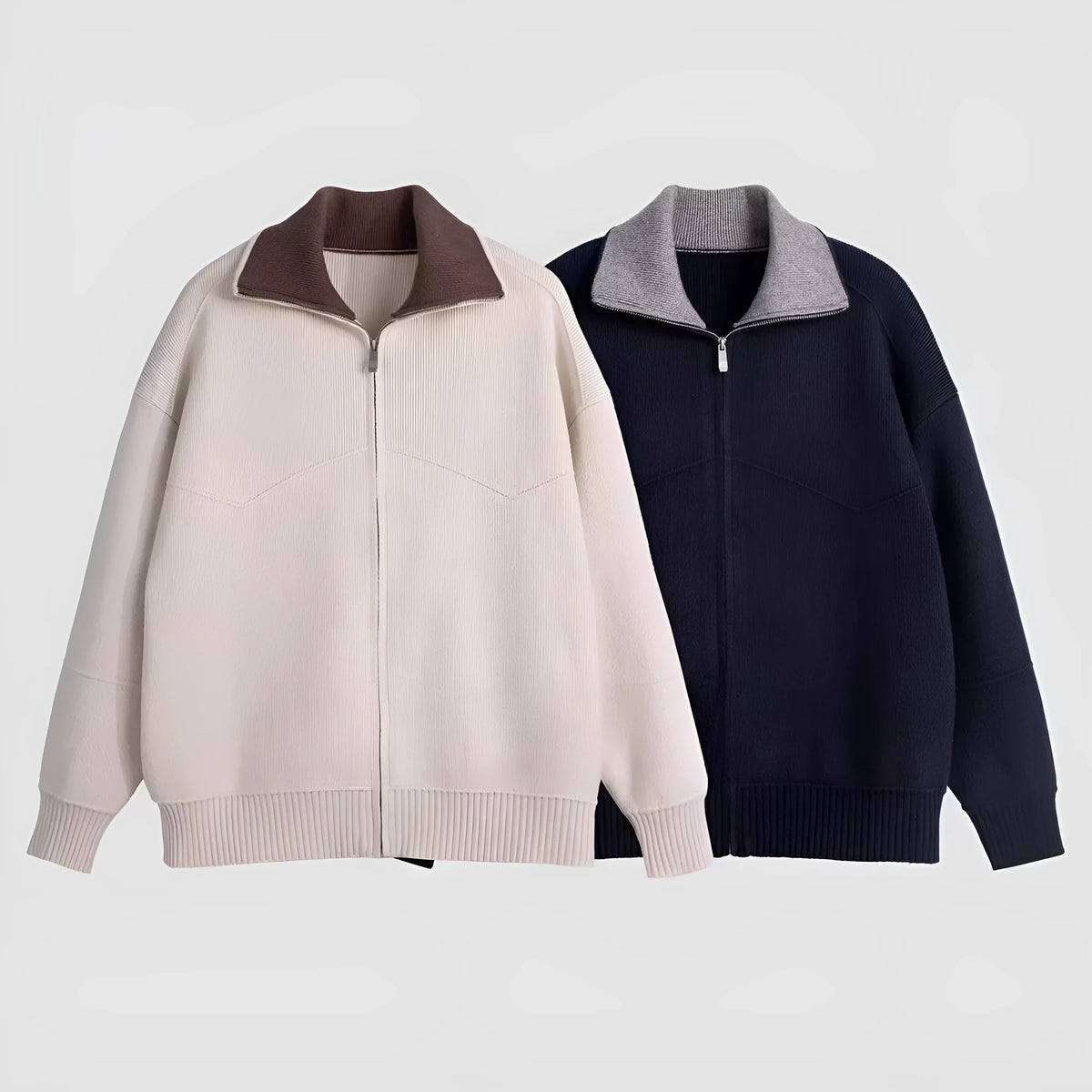 Men's knitted cardigan in beige or dark blue, long sleeve, loose fit, sizes L to 3XL, acrylic blend.