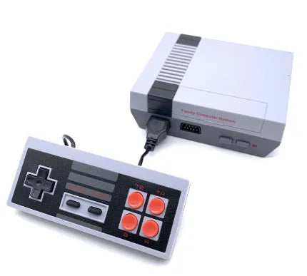 Compact black 8-bit NES retro game console with two red controllers on a stand.