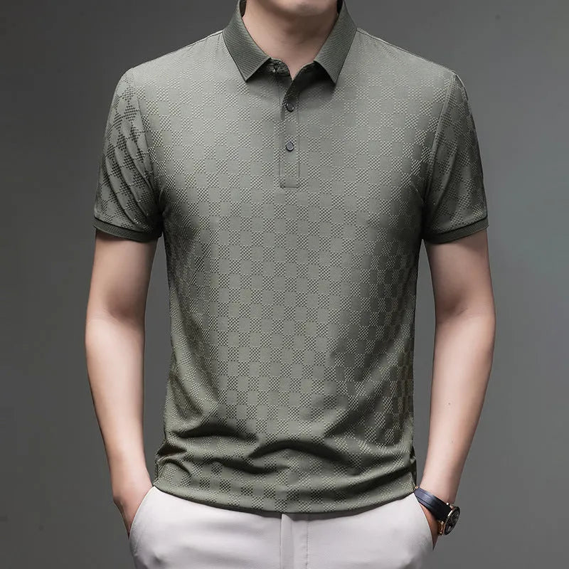 Rhombus pattern thin ice silk short sleeve T-shirt with a slit design, shown in black.