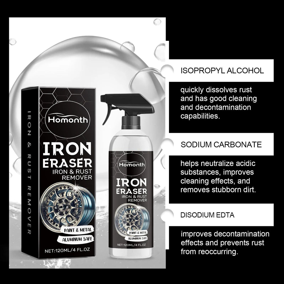 Car rust removing cleanser in 120ml spray bottle with citric acid formula for automotive paint decontamination