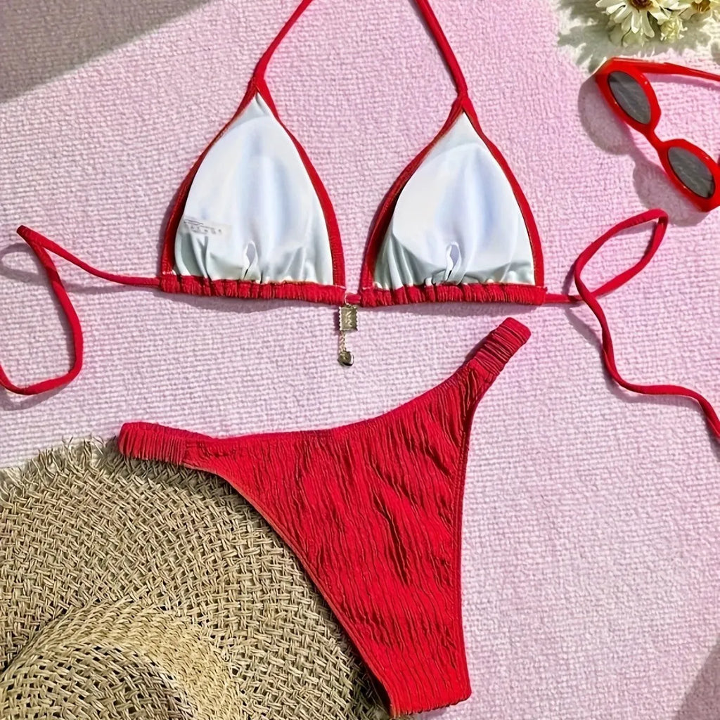 Red high waist pleated bikini set with tied briefs and sleeveless bra, women's two-piece swimwear