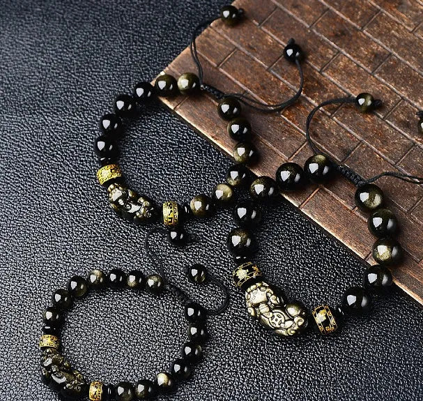 Hand-woven golden obsidian Pi Xiu bracelet with animal zodiac modelling in Chinese style