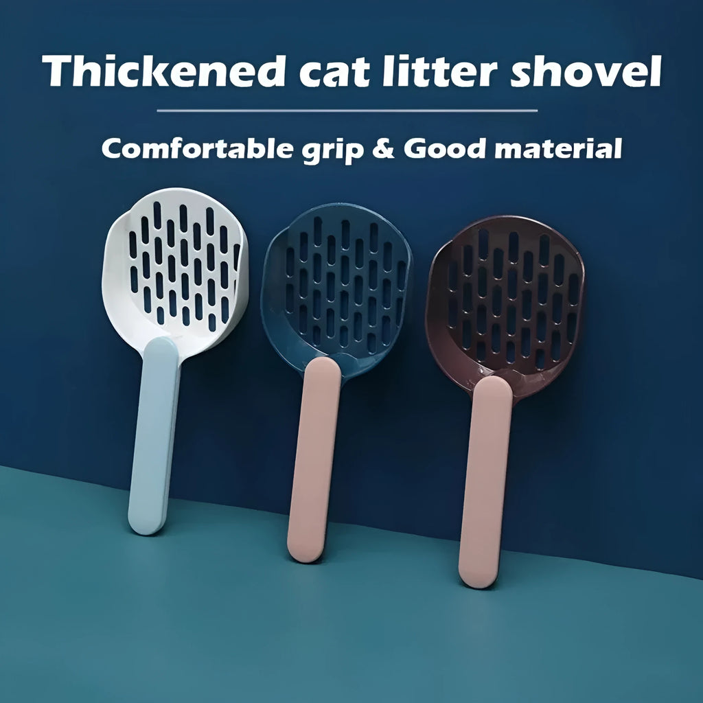 Blue plastic cat litter shovel for cleaning litter boxes, showing dimensions and scoop design.