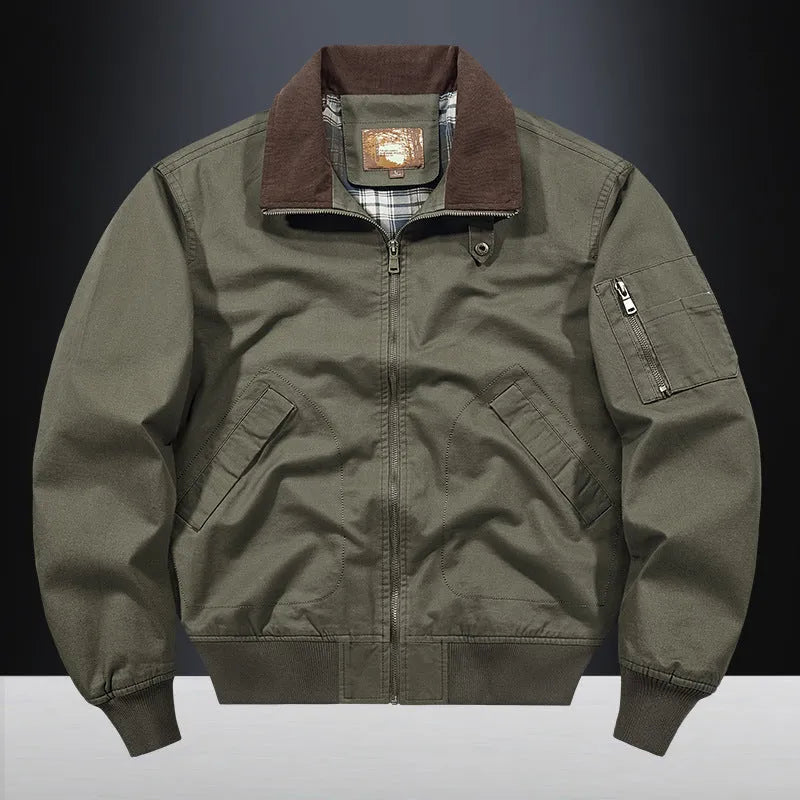 Men's plus size washed cotton loose-fit flight jacket in army green