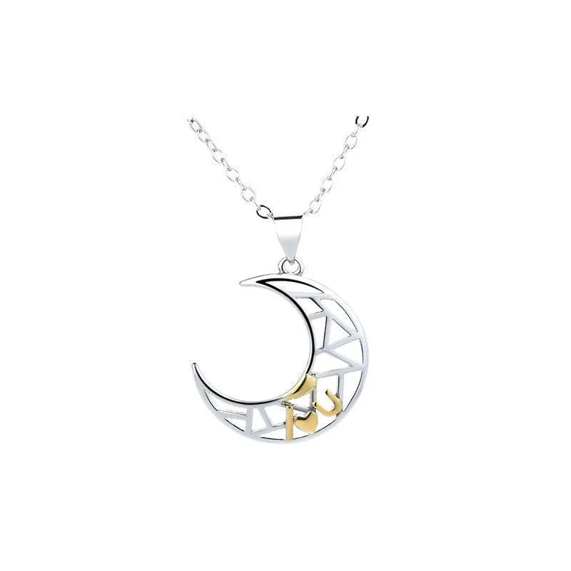 Sun and moon tooth couple necklace set with copper electroplated pendants and cross chain.