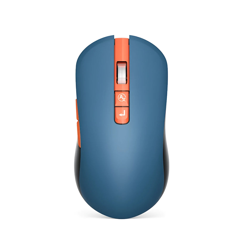 White wireless IFLYTEK gaming mouse with seven buttons on a desk next to a laptop, showcasing its USB receiver.