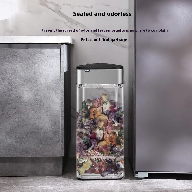 Stainless steel automatic sensor touchless trash can with deodorant and square bucket shape.