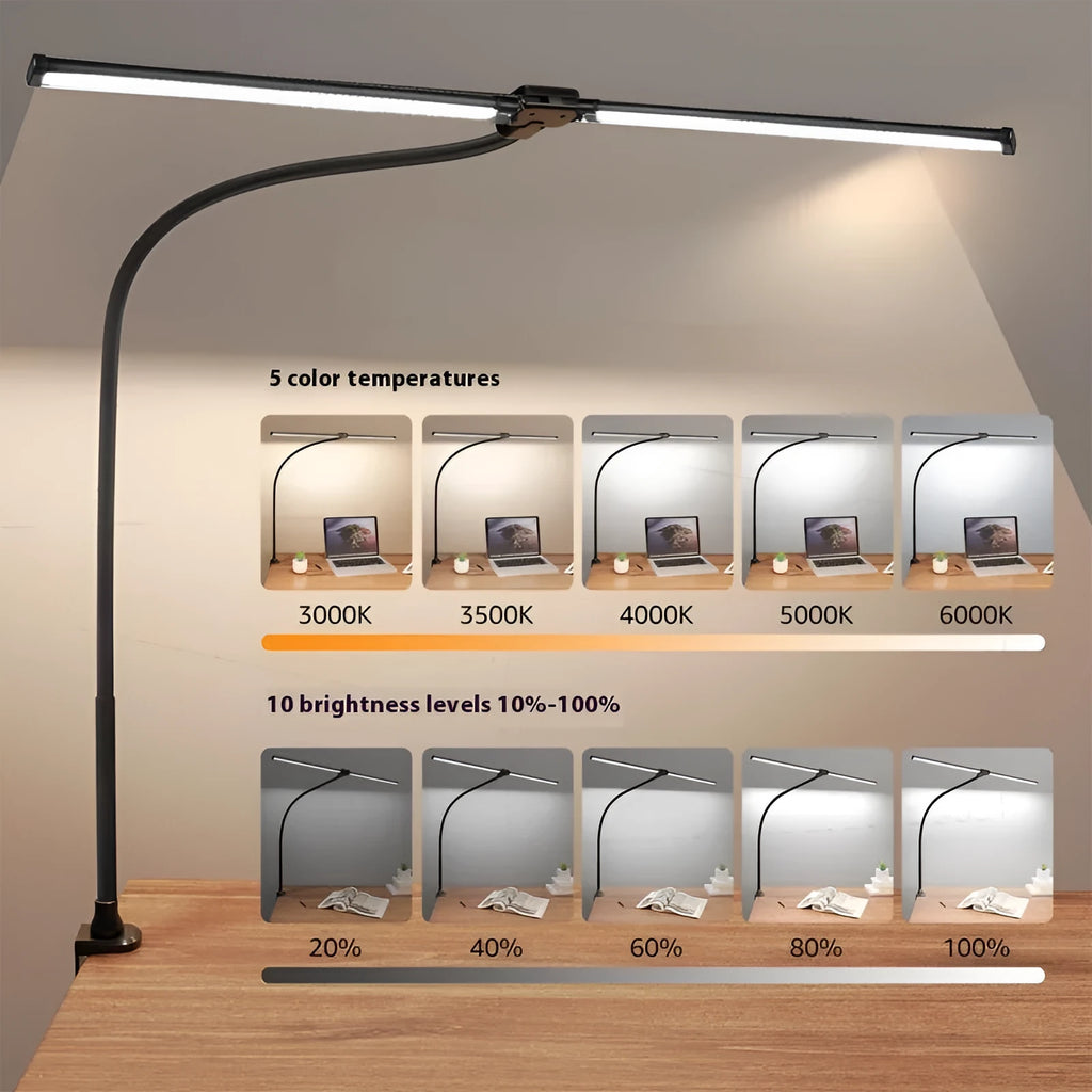 Black LED double-headed gooseneck remote control desk lamp with eye protection on a wooden desk top