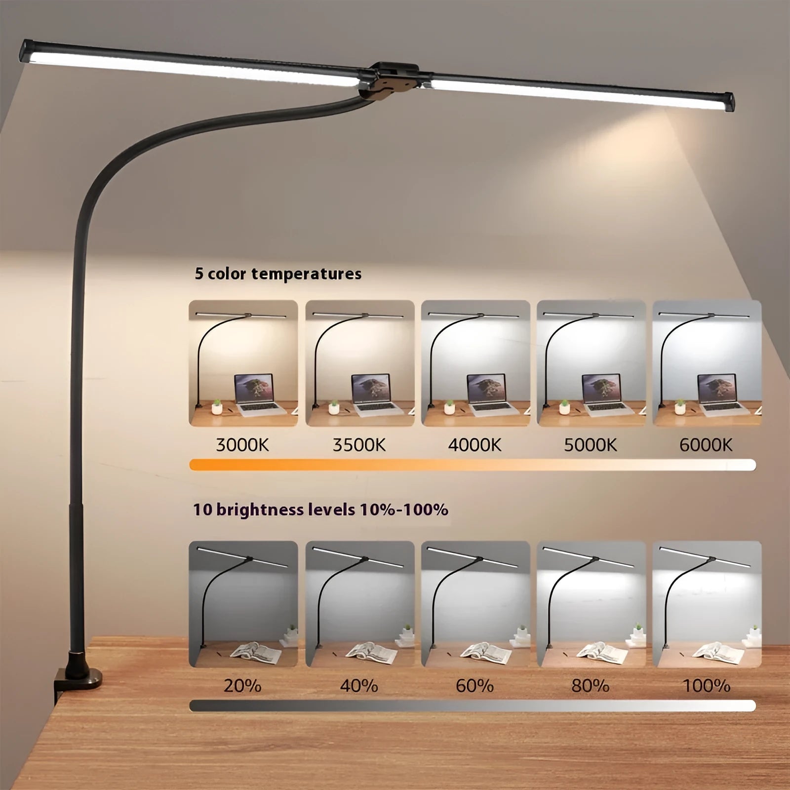 Black LED double-headed gooseneck remote control desk lamp with eye protection on a wooden desk top