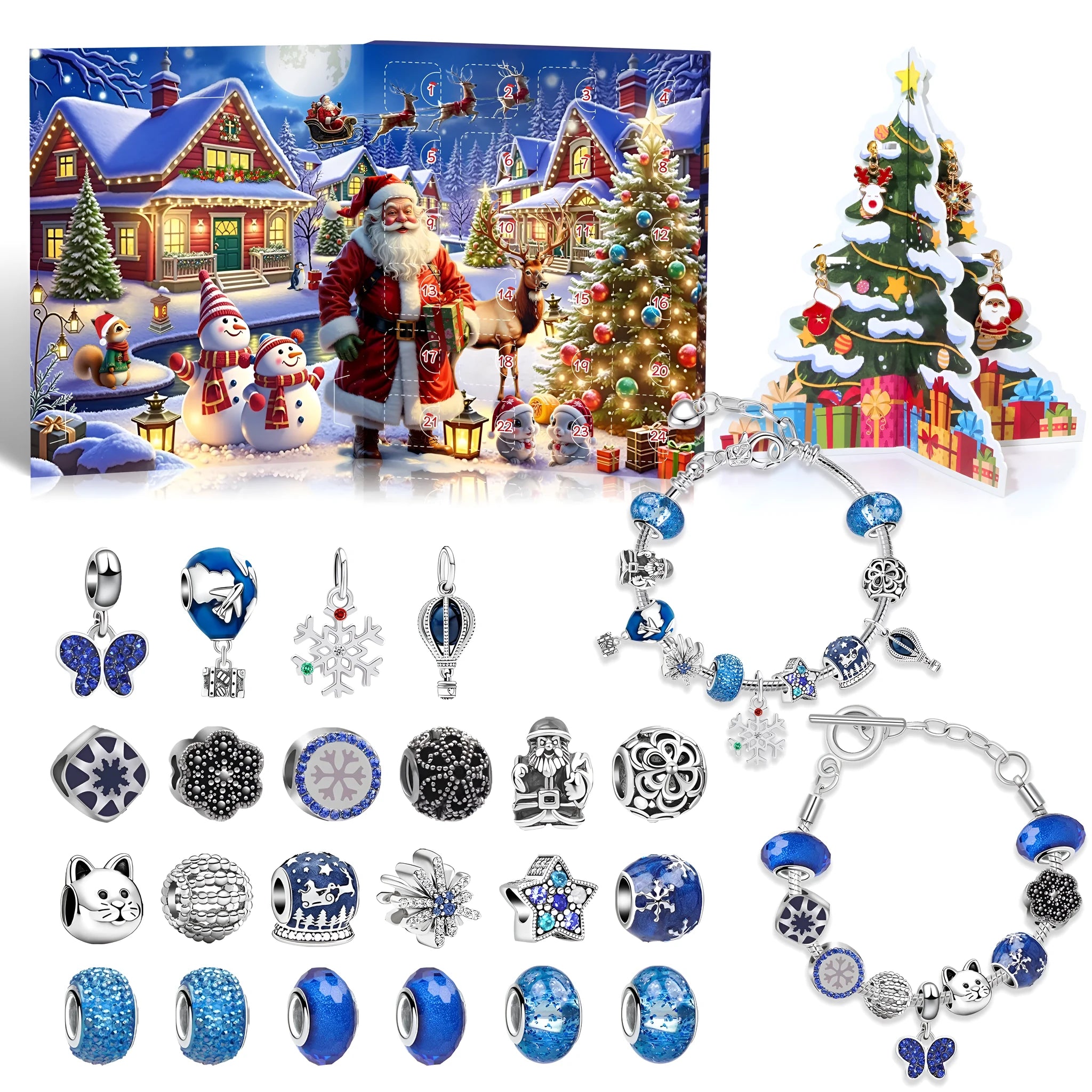 24 grid Christmas advent calendar in blue with flip doors and zinc alloy bracelet blind boxes