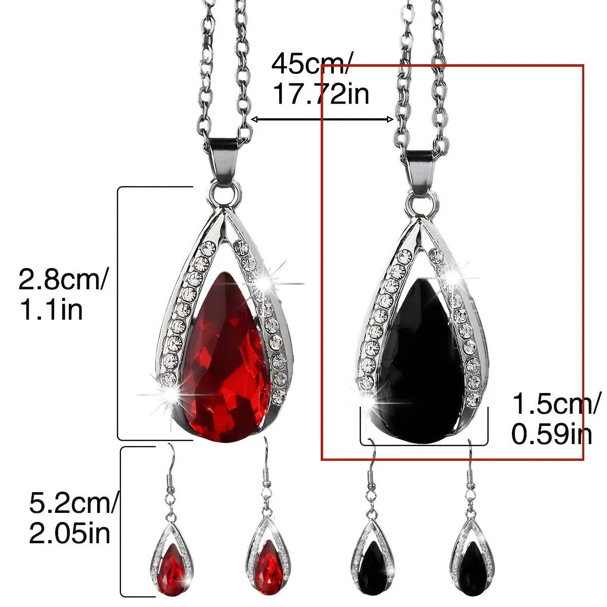 Black and red teardrop-shaped glass pendant necklace and matching earrings set laid flat.