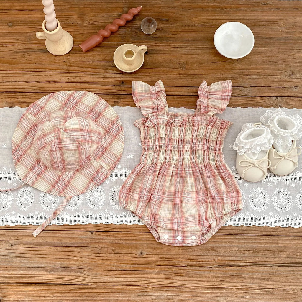Baby girl cotton plaid onesie with matching hat in pink, triangle jumpsuit style