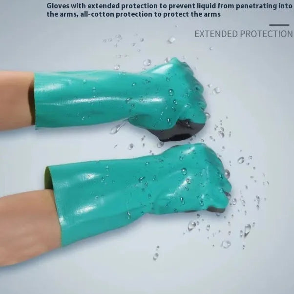 Navy blue nitrile fishing gloves with extended cuff, shown on hands holding a fish.