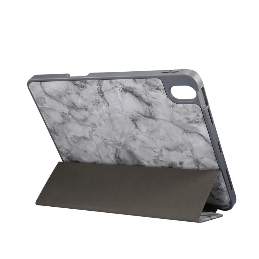 Dark grey imitation leather iPad tri-fold case with integrated pen slot, shown in stand position.