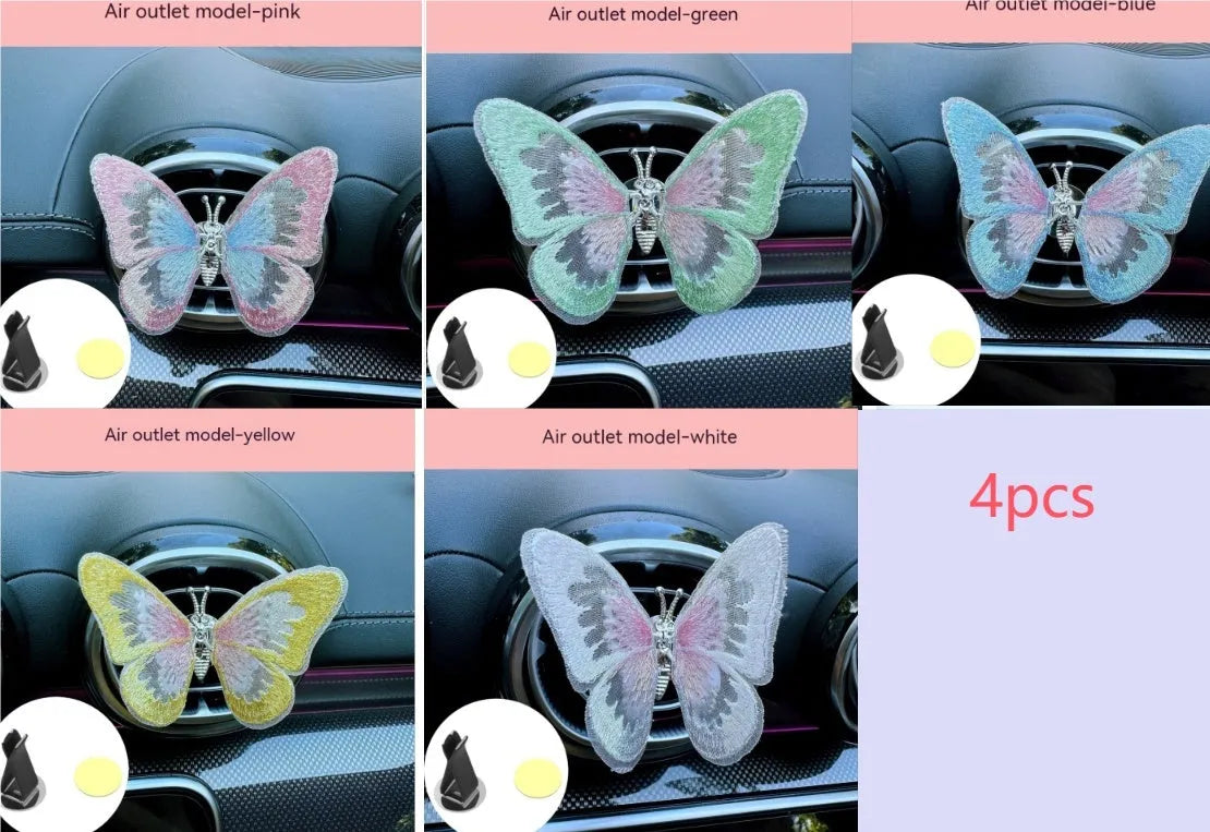 Moving embroidery butterfly fabric car centre console air vent decoration in multiple colour options
