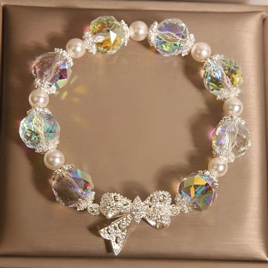 White crystal bracelet with Austrian white crystal diamond long bow and snowflake design for women