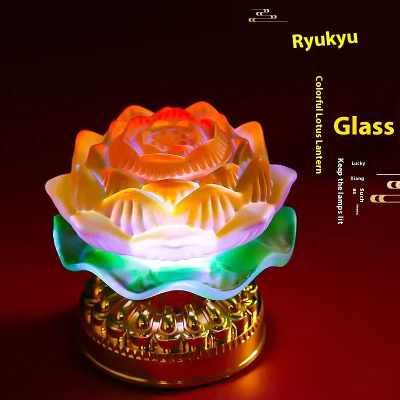 Yellow Chinese-style lotus lamp for Buddha altar decor on a table.